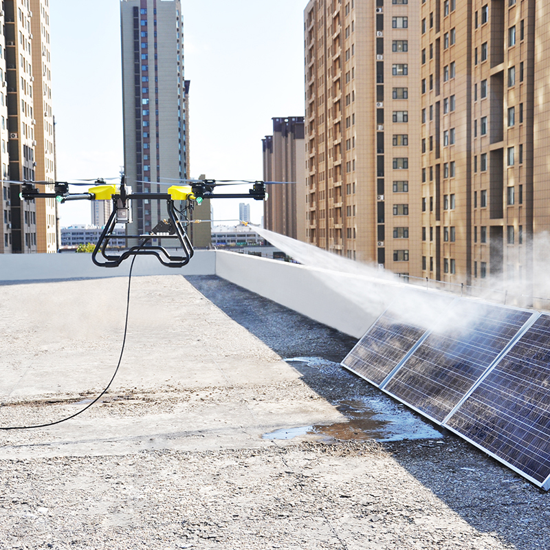 Drone cleaning rooftop solar panels