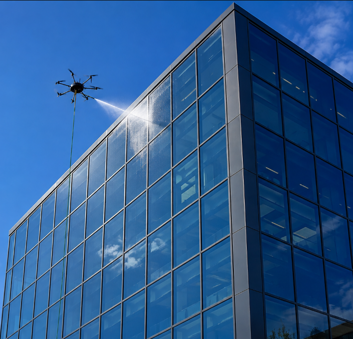 Drone washing high-rise office windows